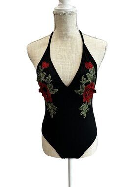 Forever 21 Black Floral Embroidered Halter Bodysuit Womens S
